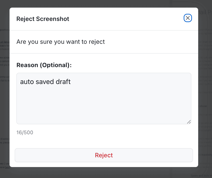 Auto-saved draft in Reject modal