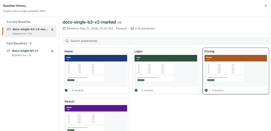 Walkthrough of Baseline History moving from current and past baselines, to the timeline for one variant, to an expanded event showing the before and after images