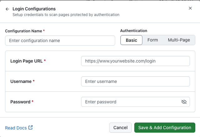 Basic authentication fields: login URL, username, and password