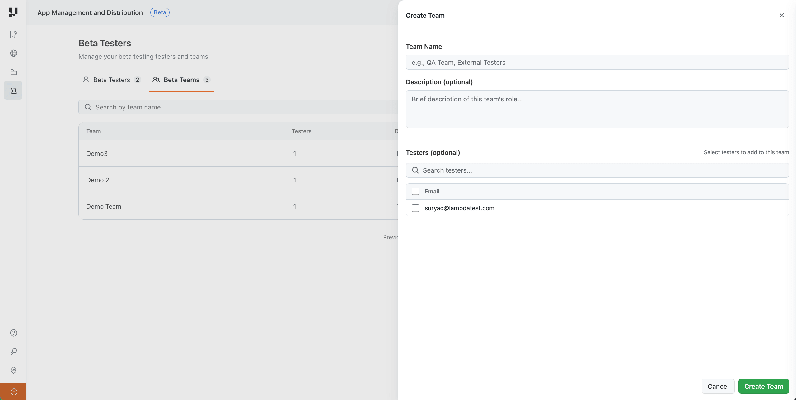 Create Team side panel with name, description, and selectable testers