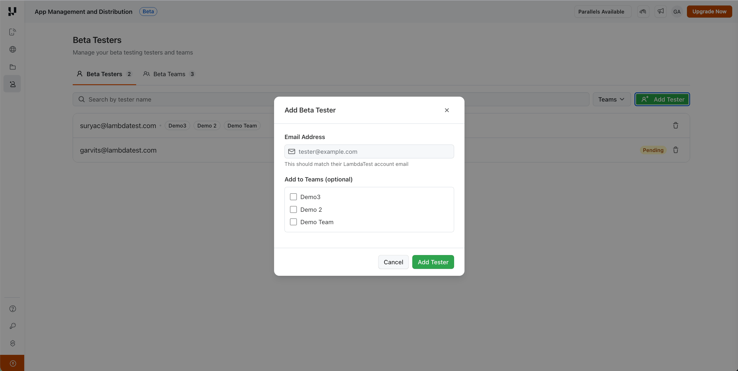 Add Beta Tester dialog with email field and optional team checkboxes