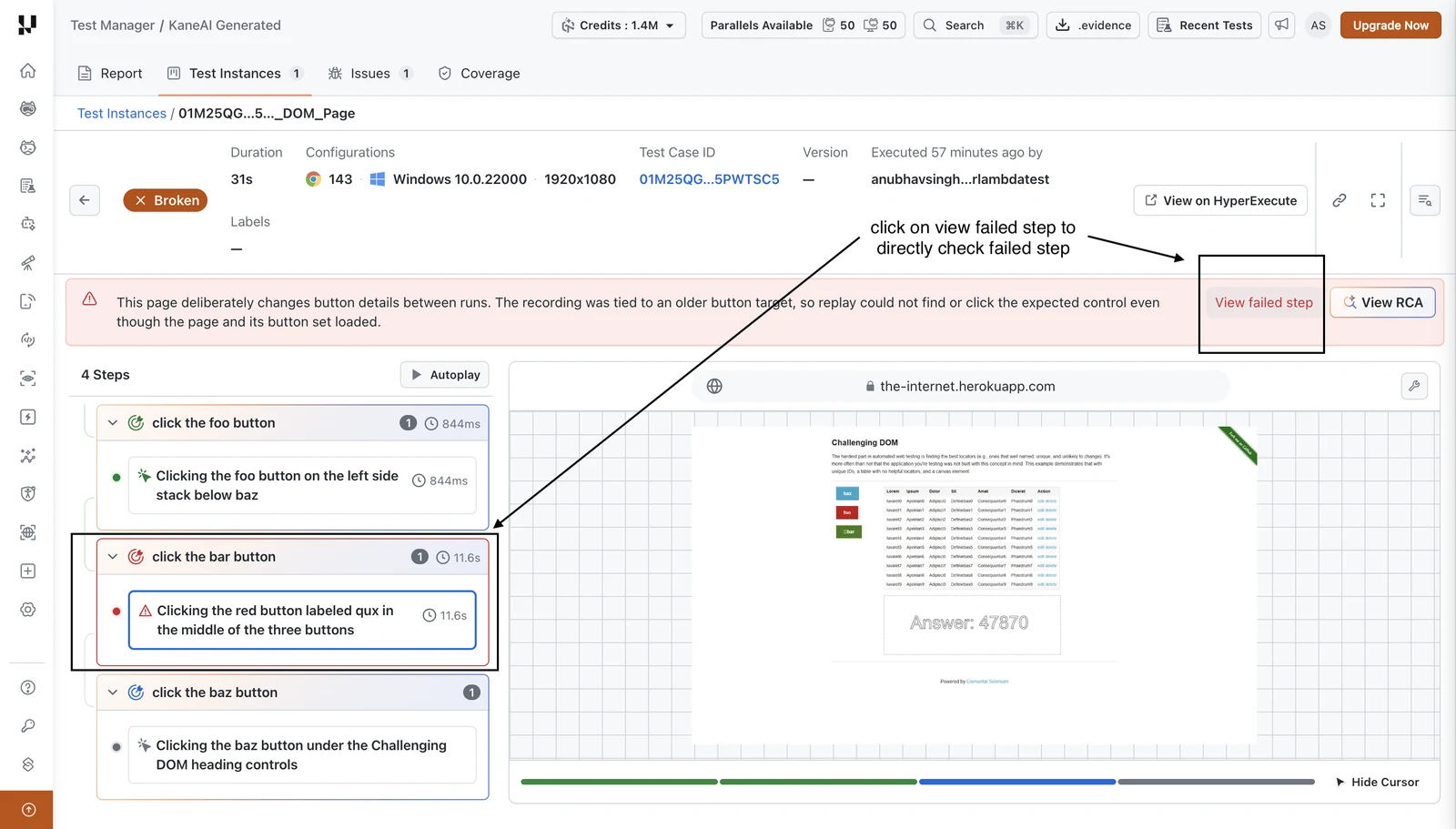 Broken test instance with the failure banner, the View failed step button, and the failed step highlighted in the steps panel