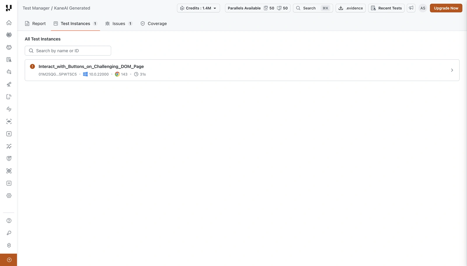 Test Instances tab listing a broken instance