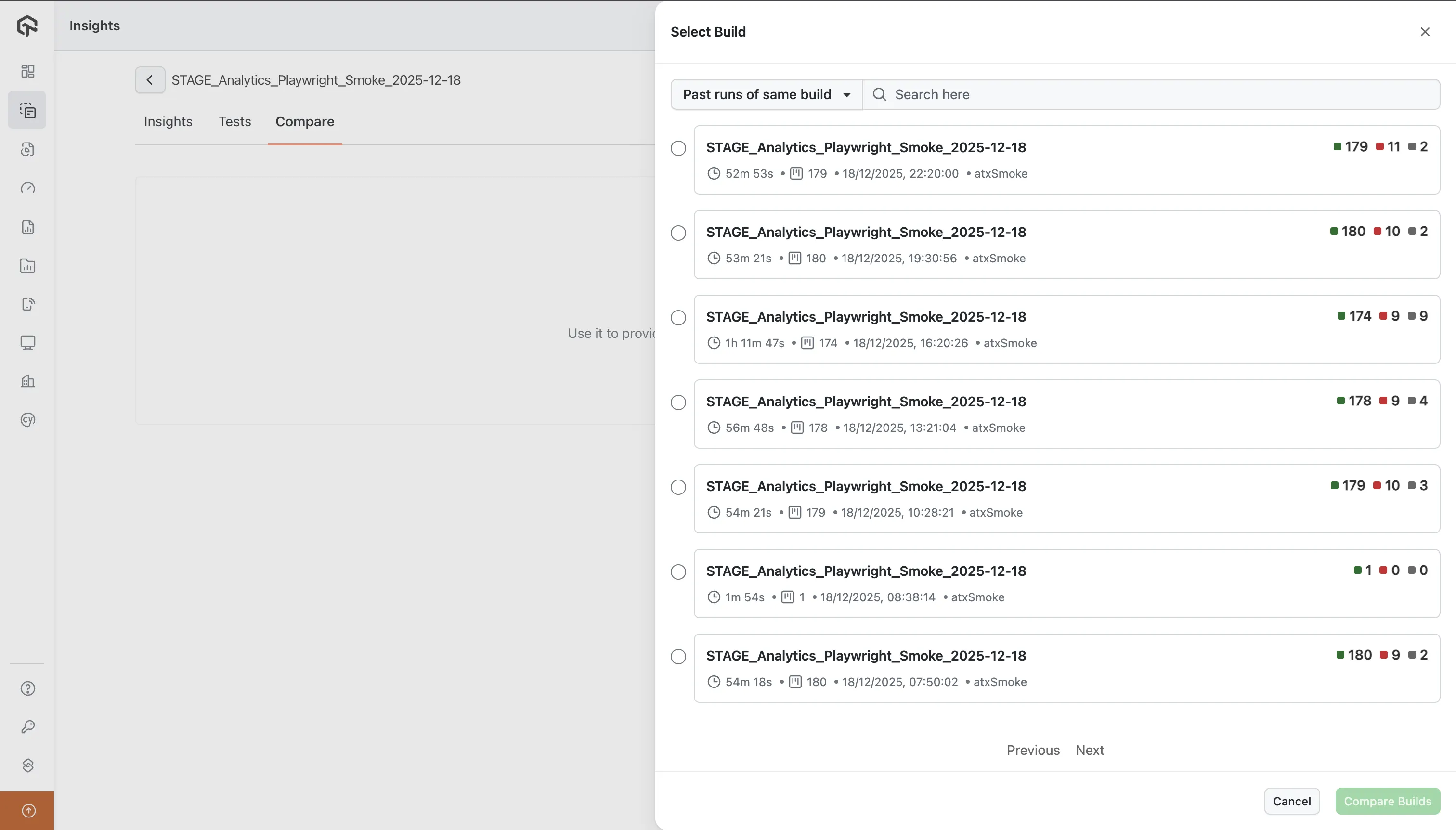 Build Comparison - Select Build Dialog