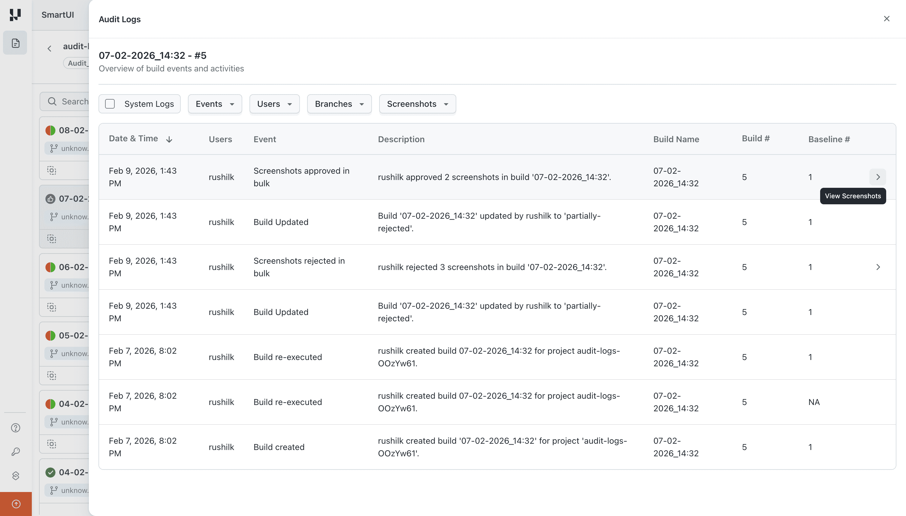 Build-level audit history