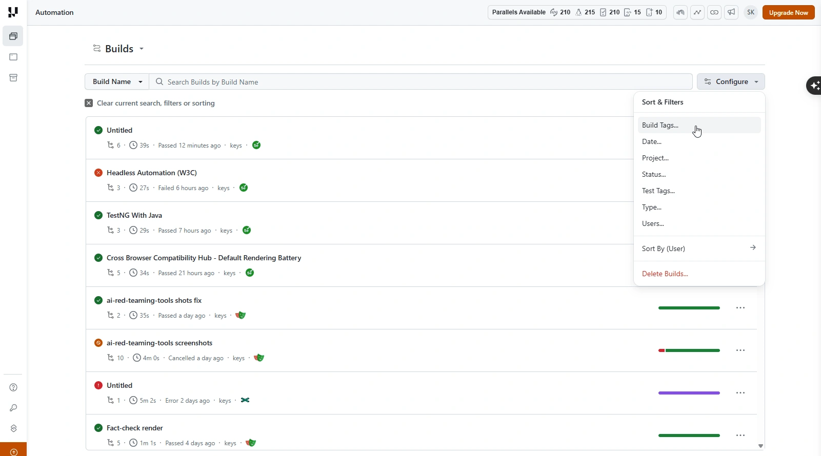 Build Tags filter on the Builds list showing build tag values to filter builds by