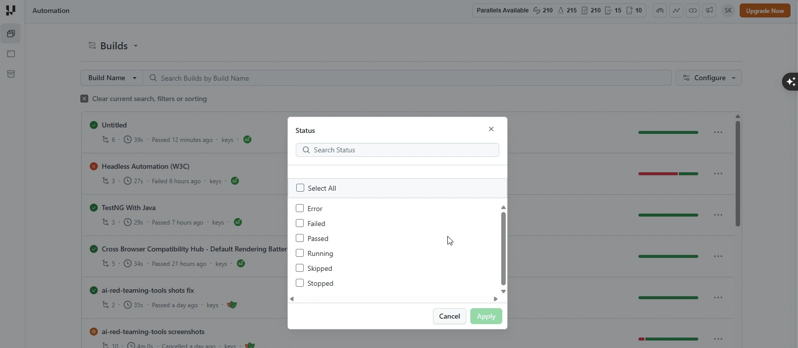 Status filter showing Error, Failed, Passed, Running, Skipped, and Stopped options