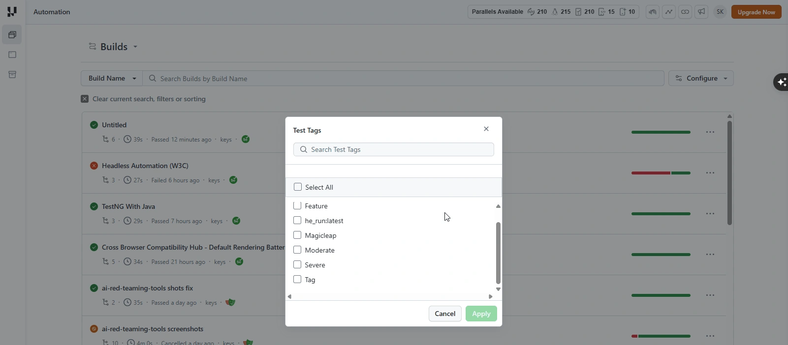 Test Tags filter on the Builds list showing custom tag values to filter tests by
