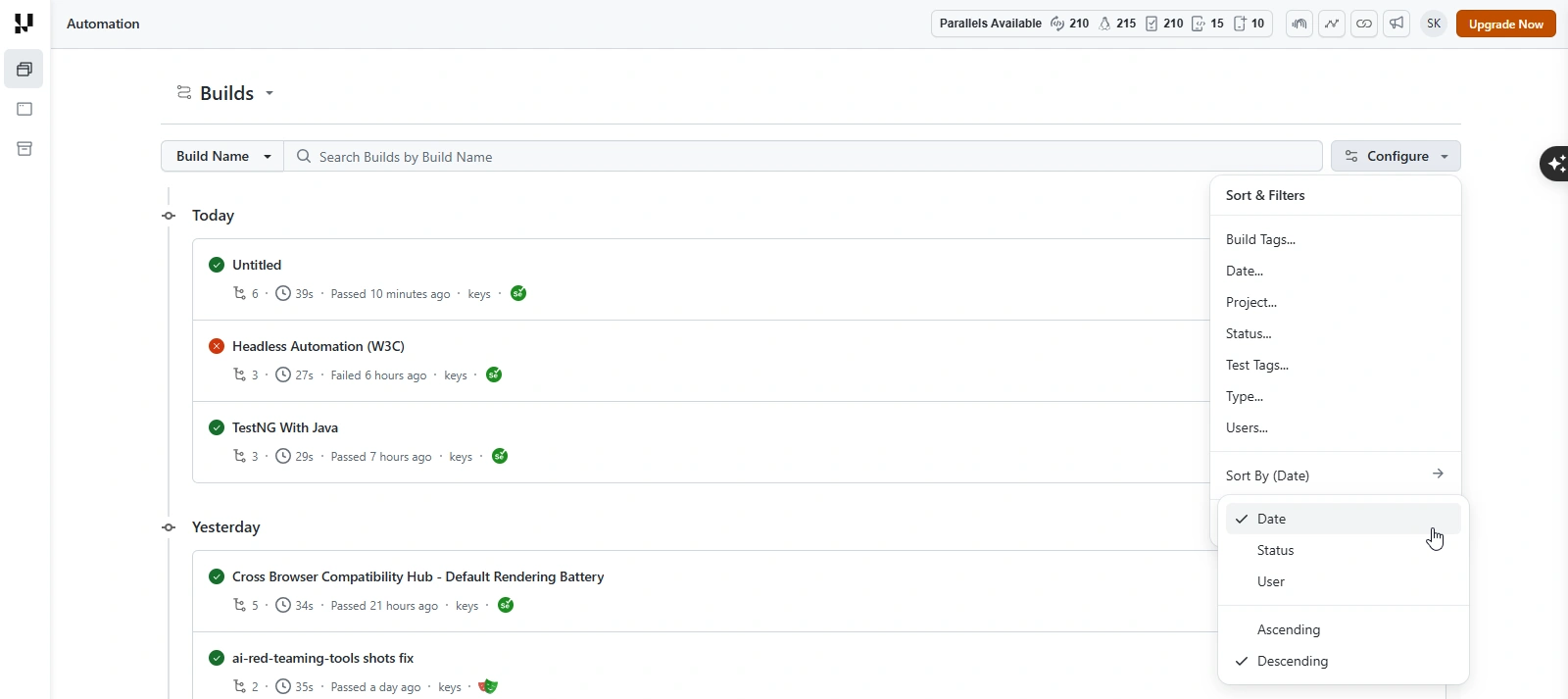 Sort By menu with Date, Status, and User options and Ascending or Descending order