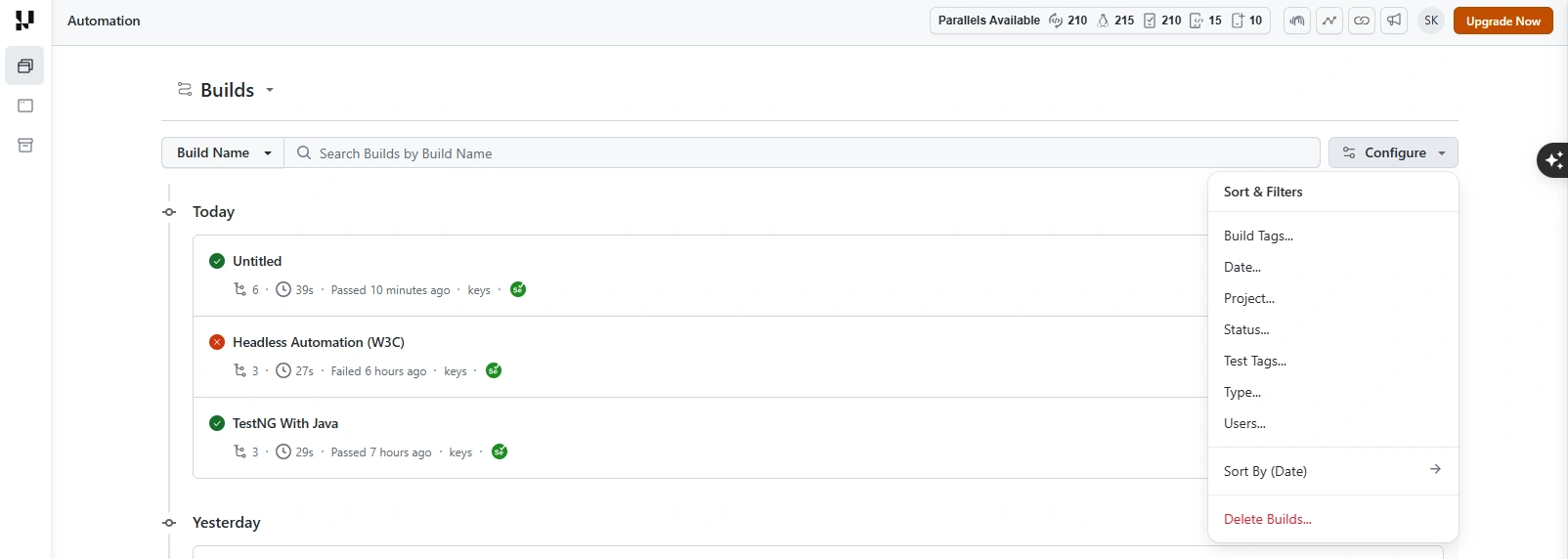 Configure Sort and Filters panel listing Build Tags, Date, Project, Status, Test Tags, Type, Users, and Sort By