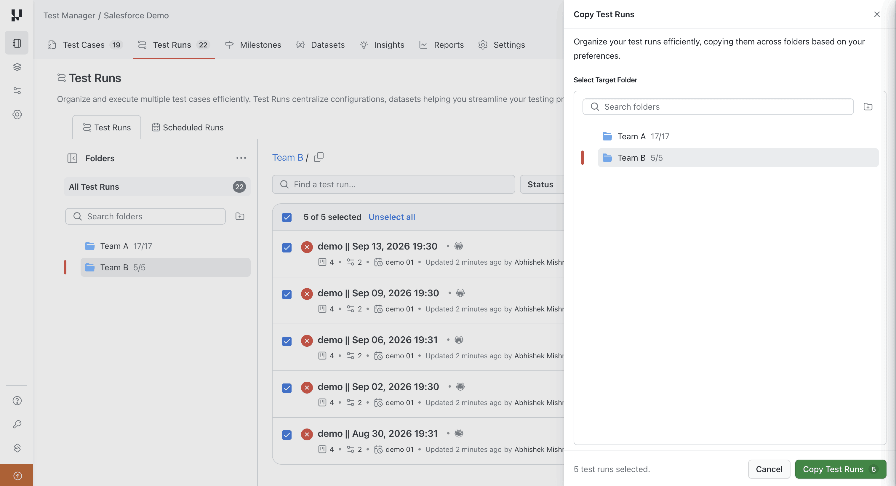 Choosing a destination folder to copy test runs