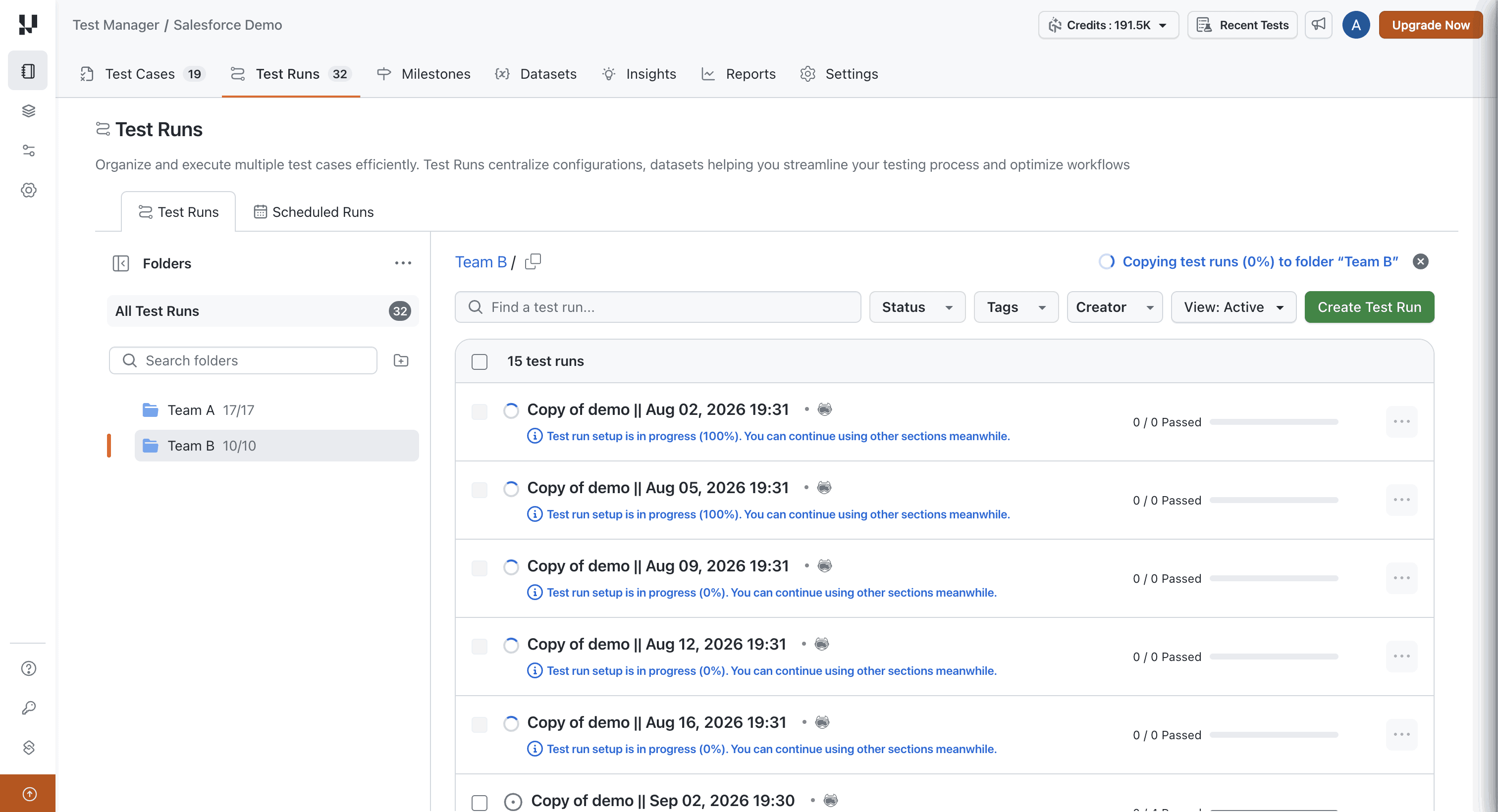 Progress summary for a bulk copy of test runs