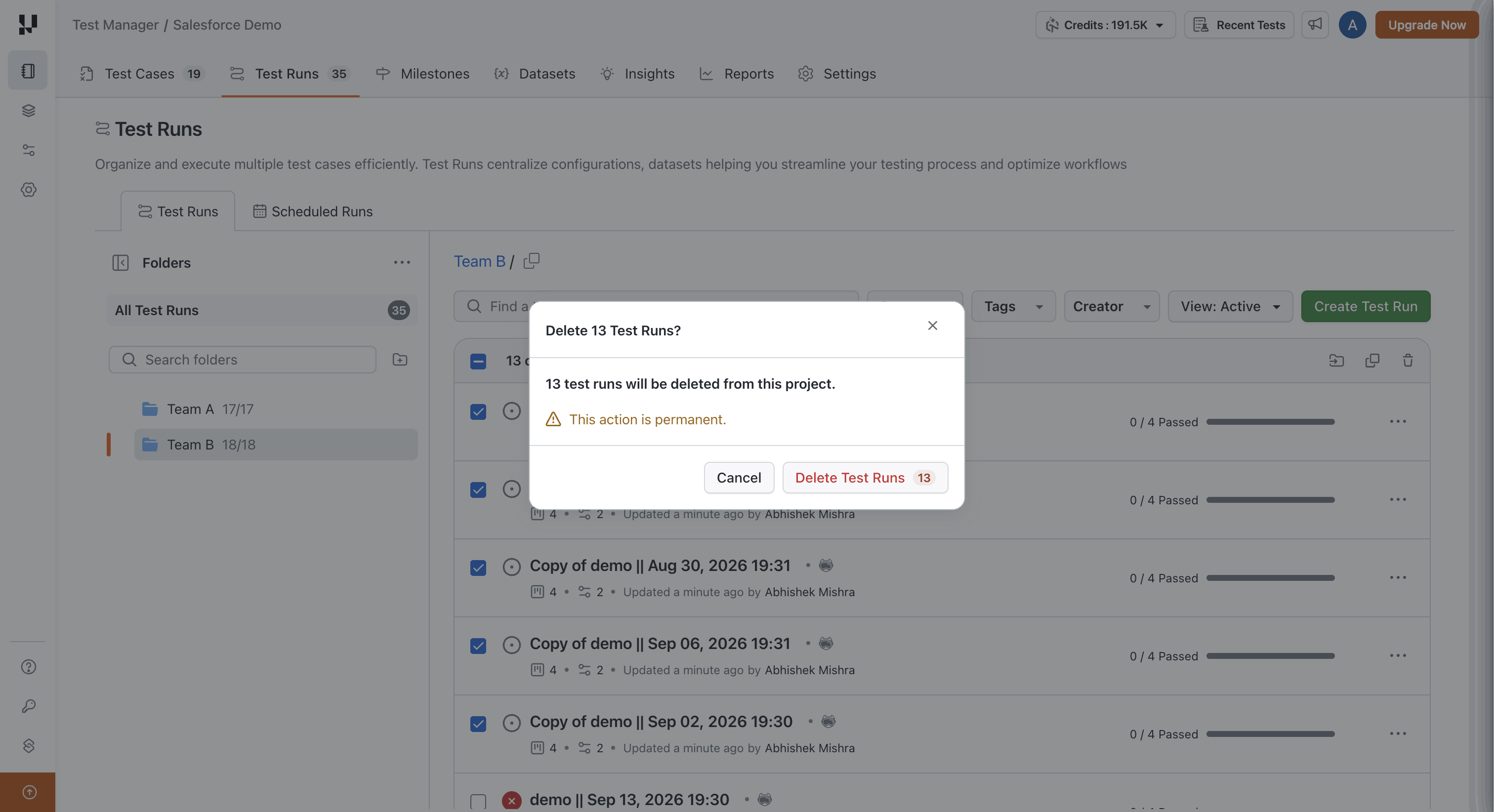 Confirmation dialog for deleting test runs in bulk