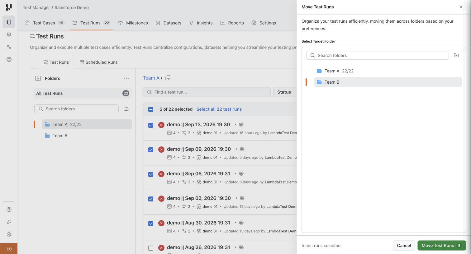 Choosing a destination folder to move test runs