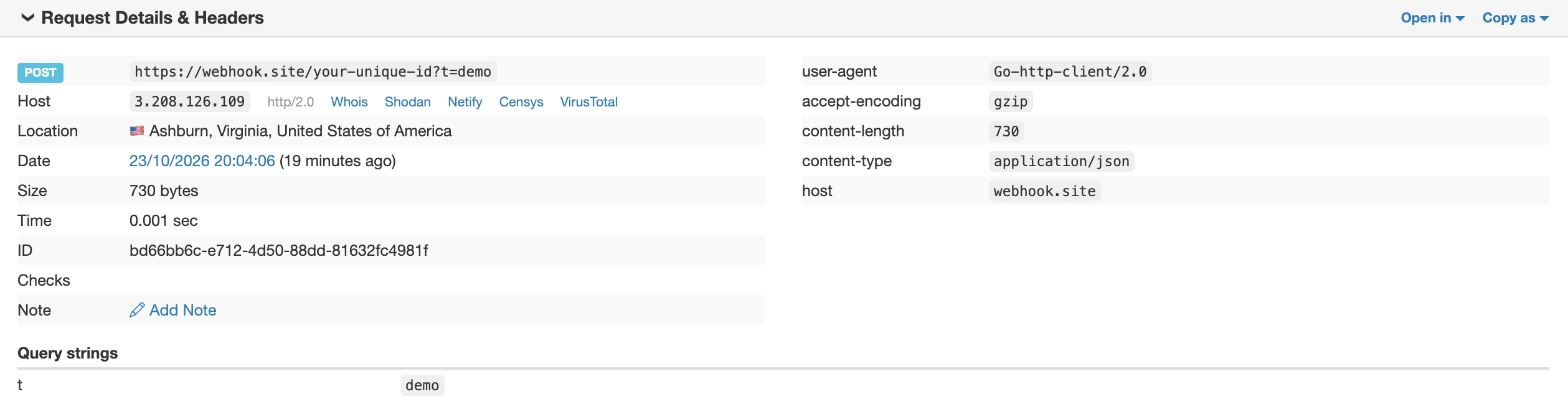 Callback request showing the POST method, URL, query parameters and JSON content type