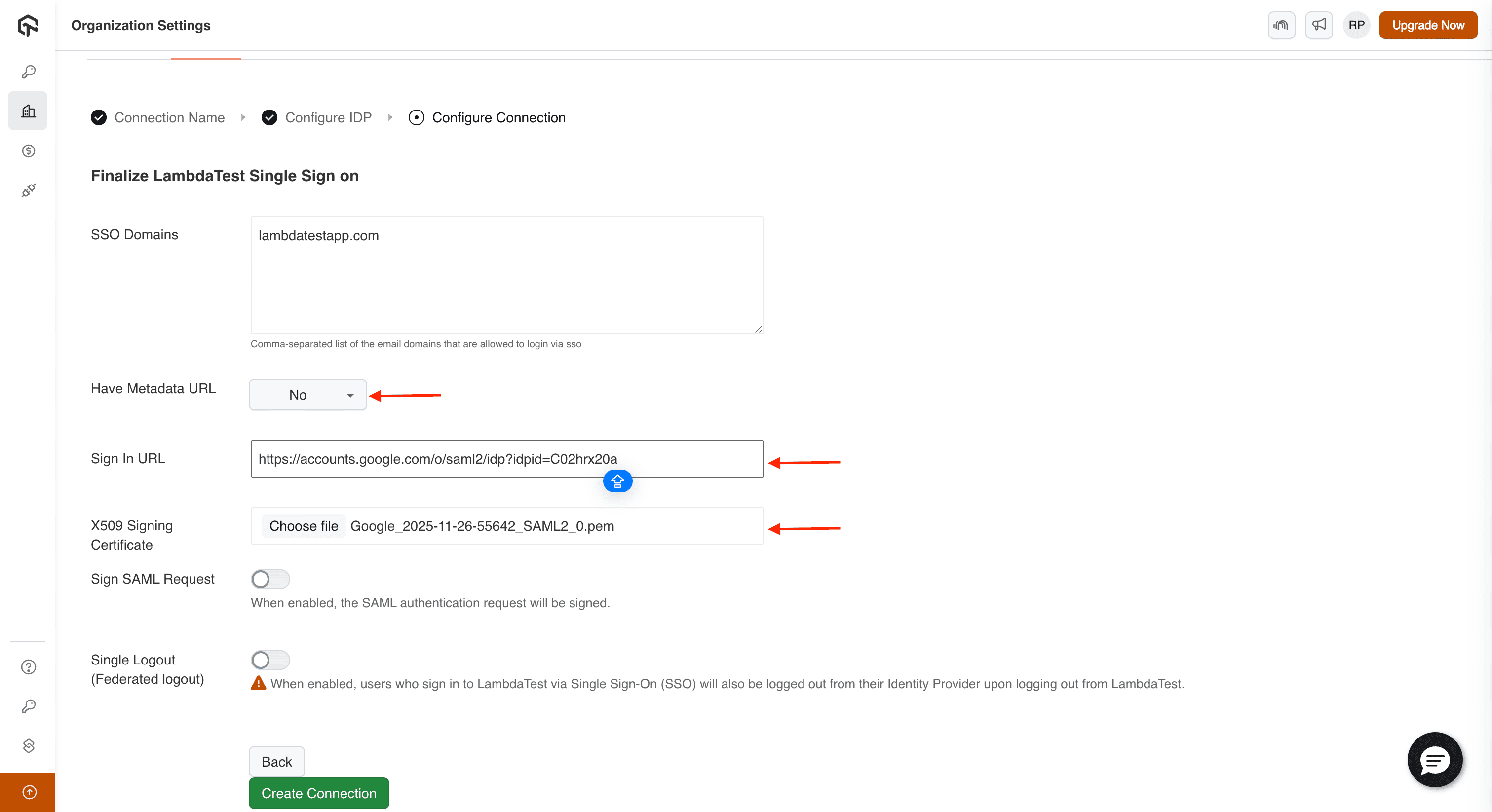 Upload Google Certificate and SSO URL