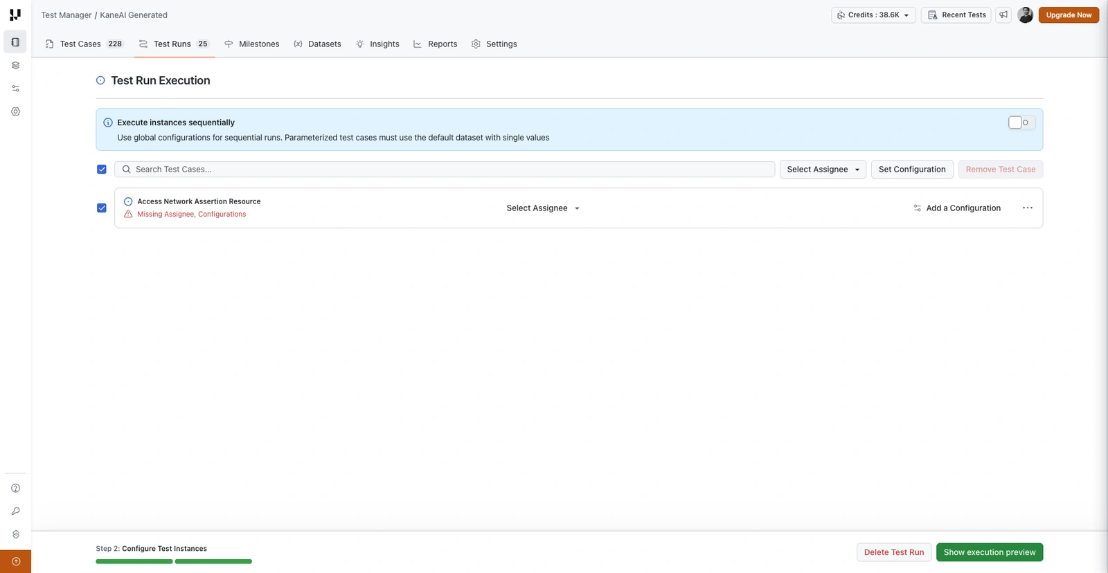 Configure Test Instances step showing a test case with missing assignee and configuration