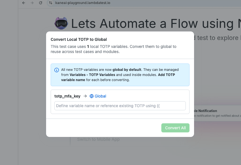 Convert Local TOTP to Global dialog