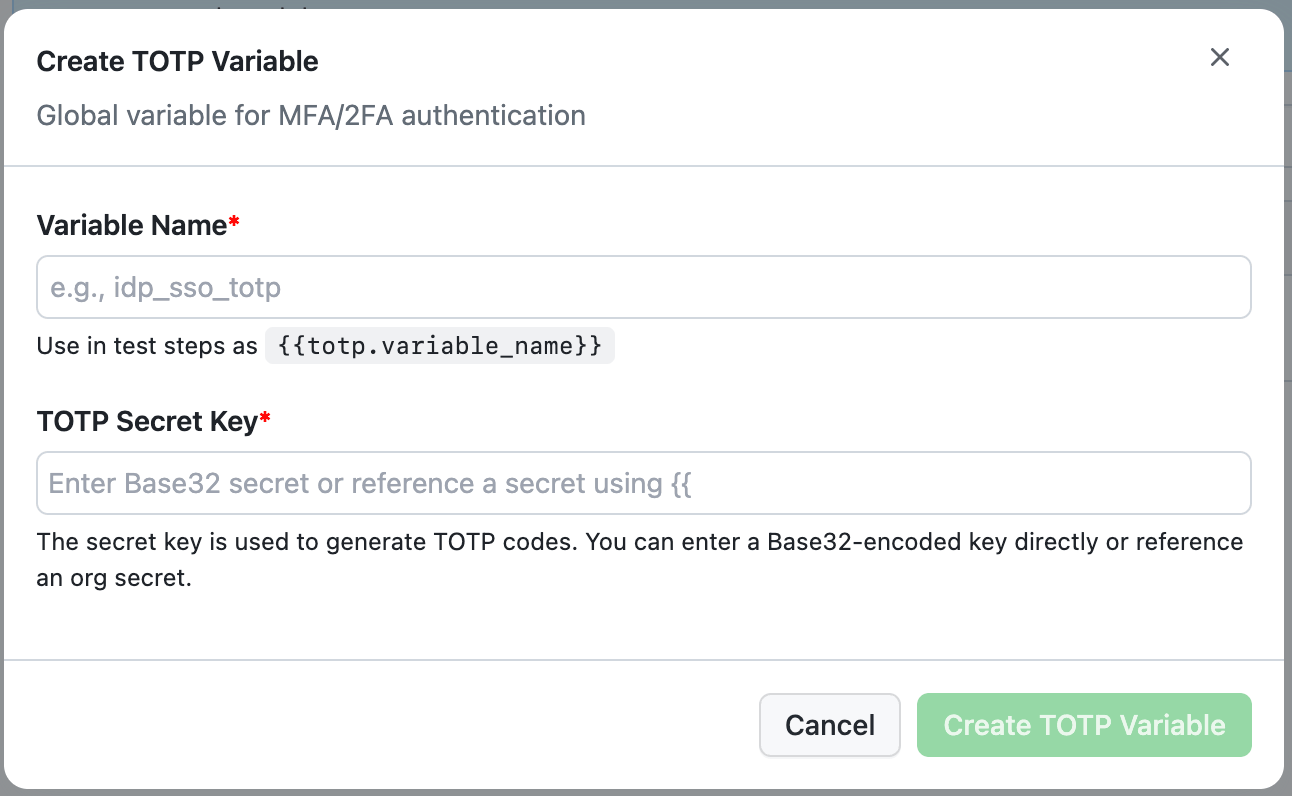 Create TOTP Variable modal