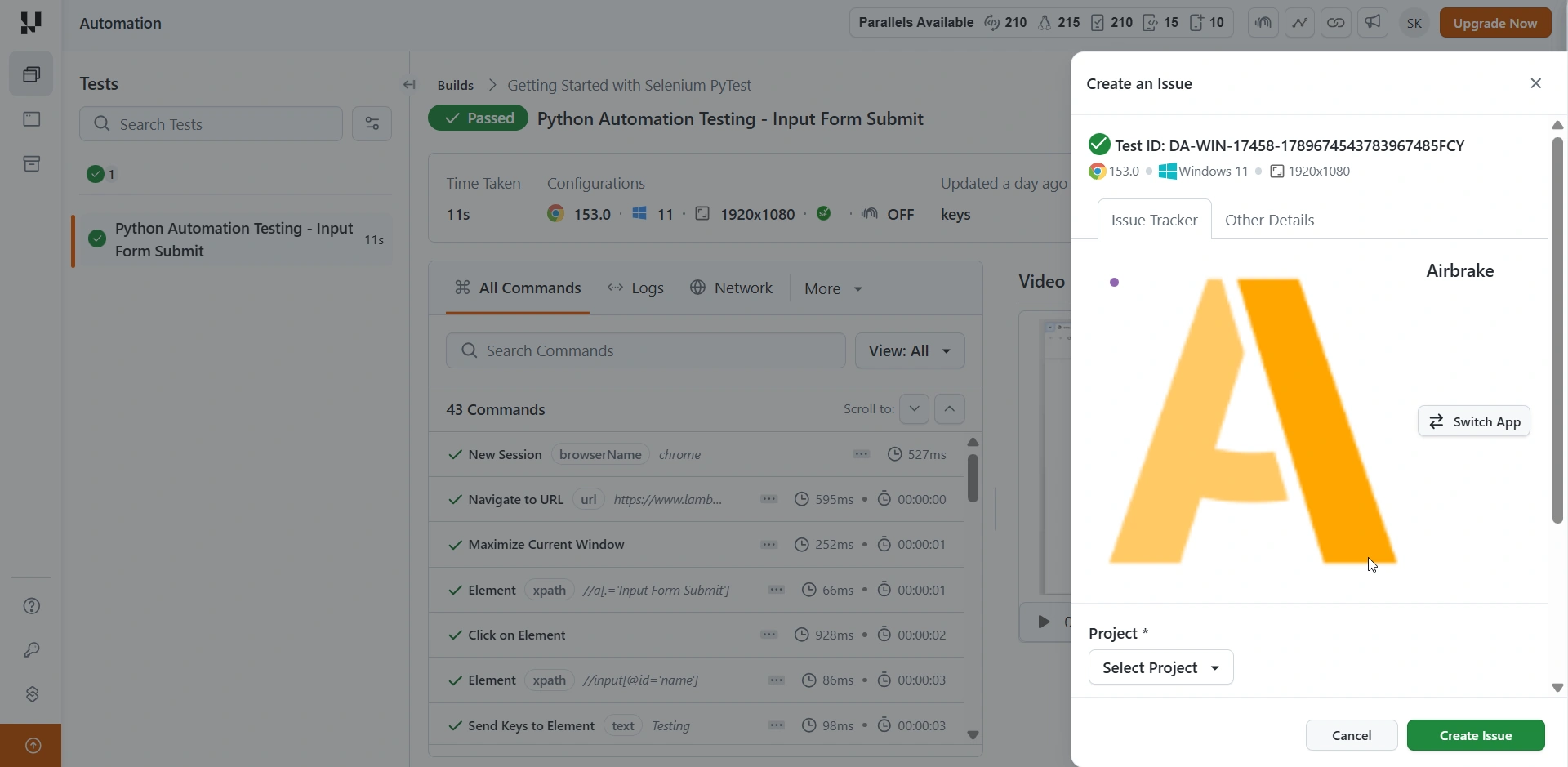Create an Issue dialog showing the connected issue tracker app, project selector, and Create Issue button