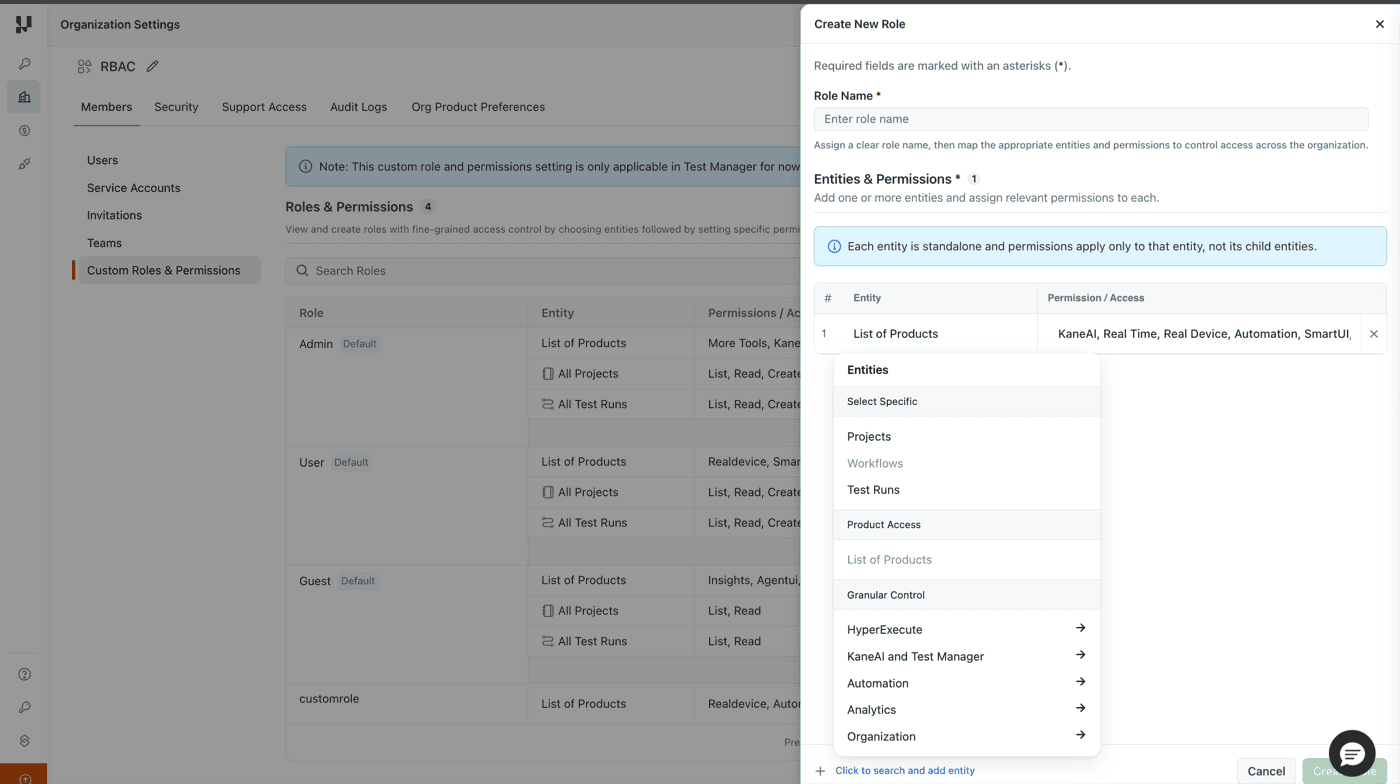 Create New Role dialog with entity dropdown showing Select Specific, Product Access, and Granular Control sections