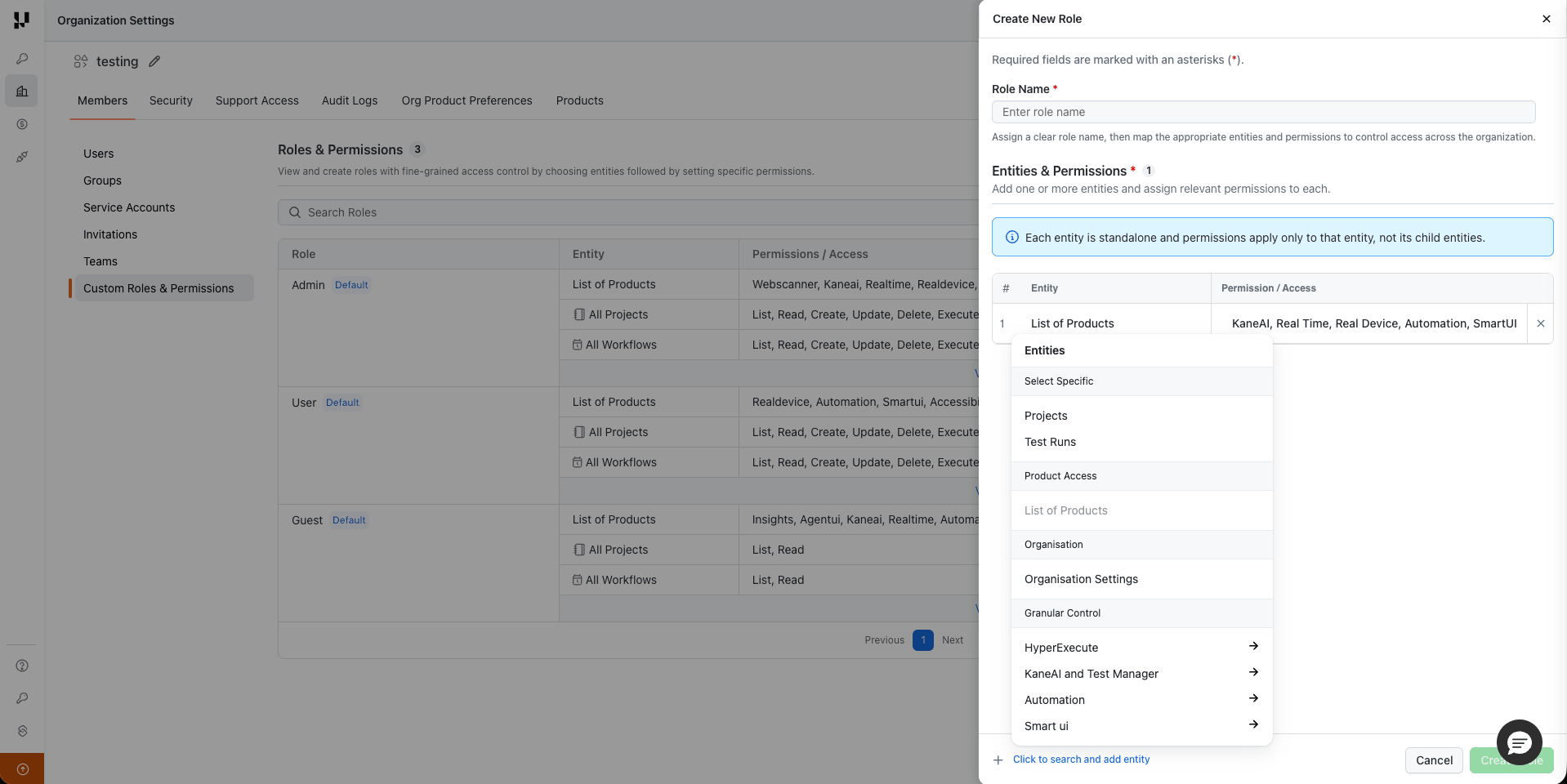 Create New Role dialog with entity dropdown showing Select Specific, Product Access, and Granular Control sections