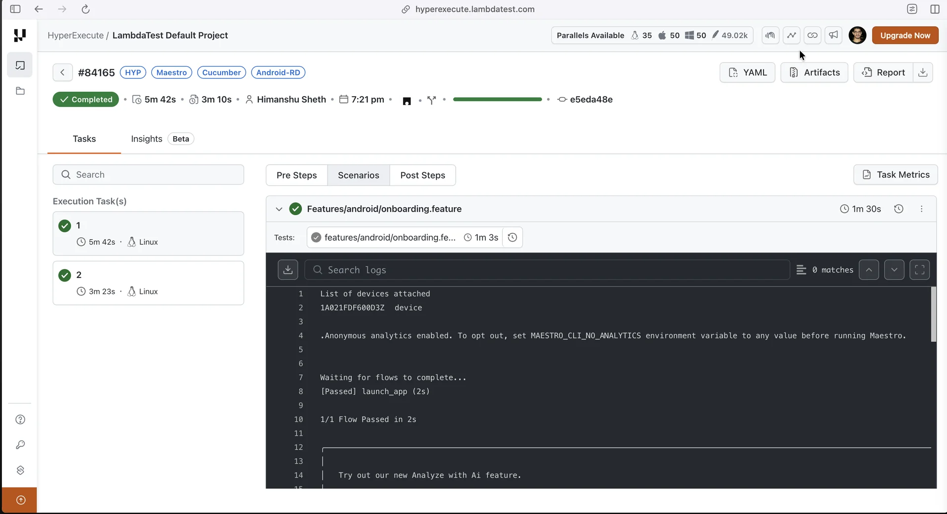 HyperExecute dashboard showing a completed Maestro with Cucumber run with passed feature scenarios
