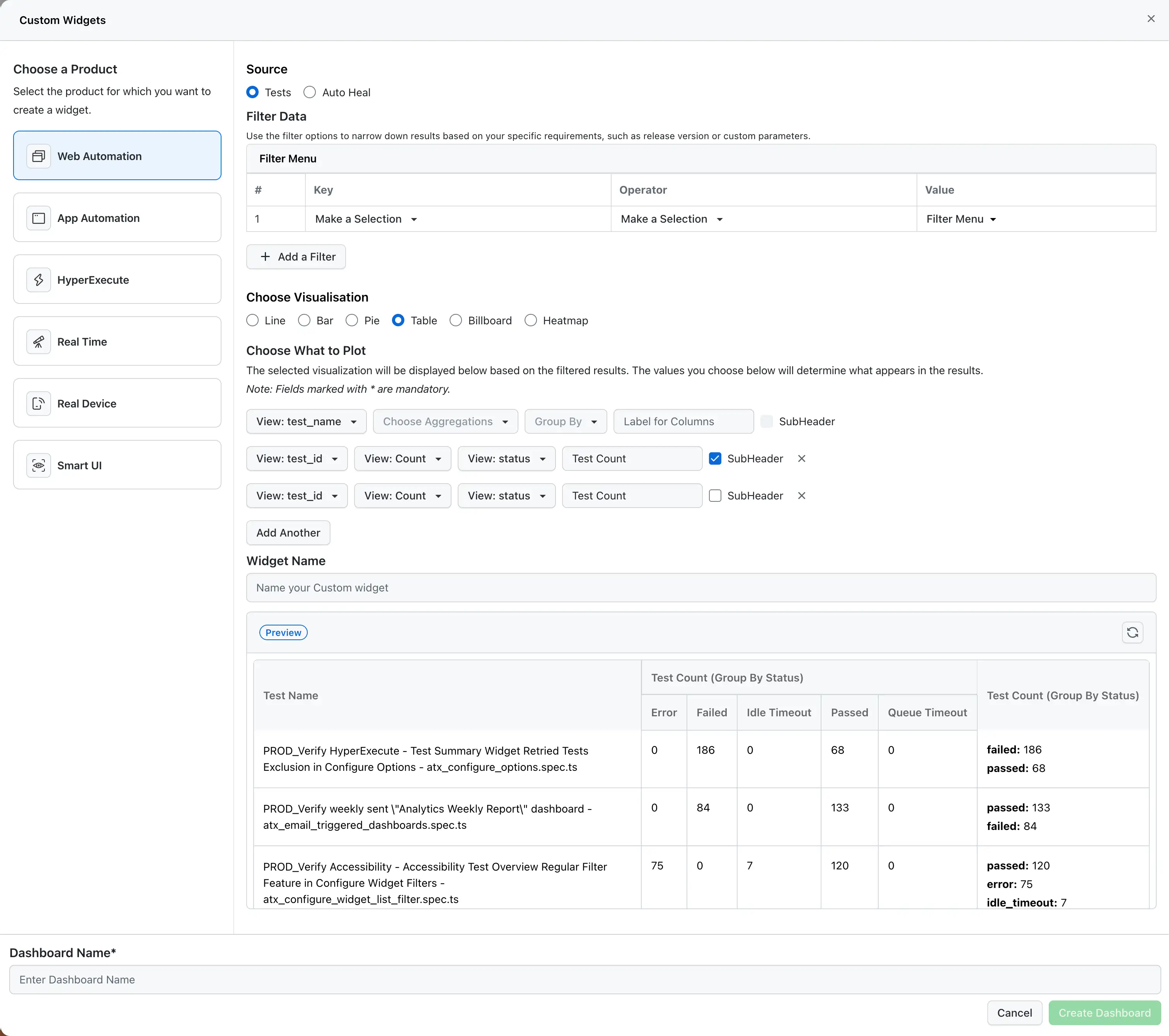 Table Widget Configuration Interface