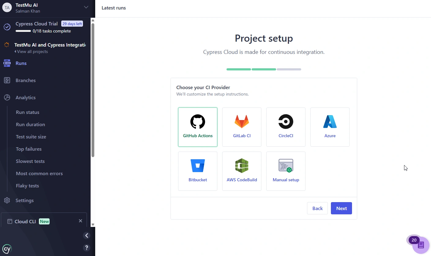 Cypress Cloud project setup step to choose a CI provider such as GitHub Actions