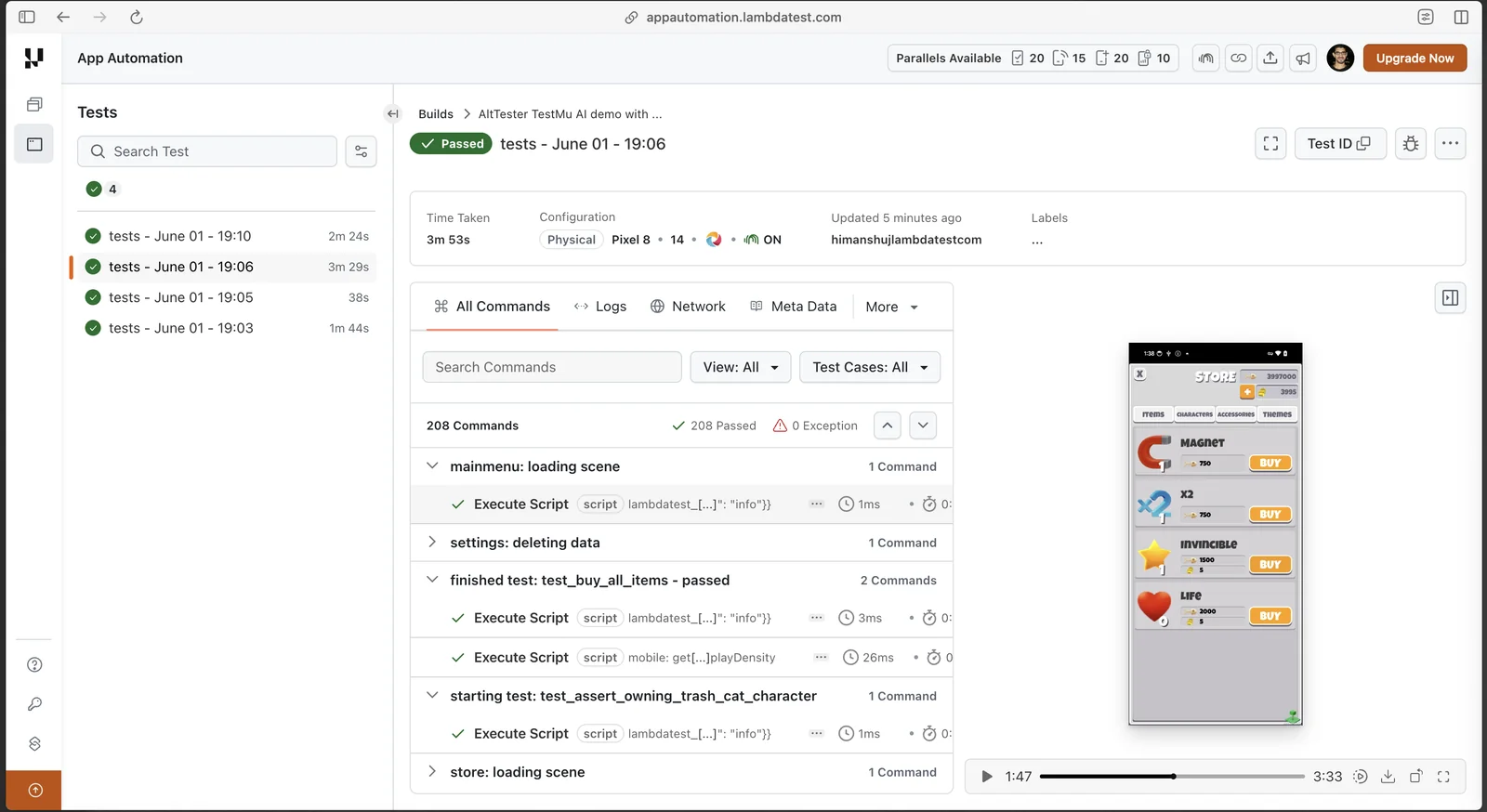 TestMu AI session detail view showing annotated AltTester test steps and execution status