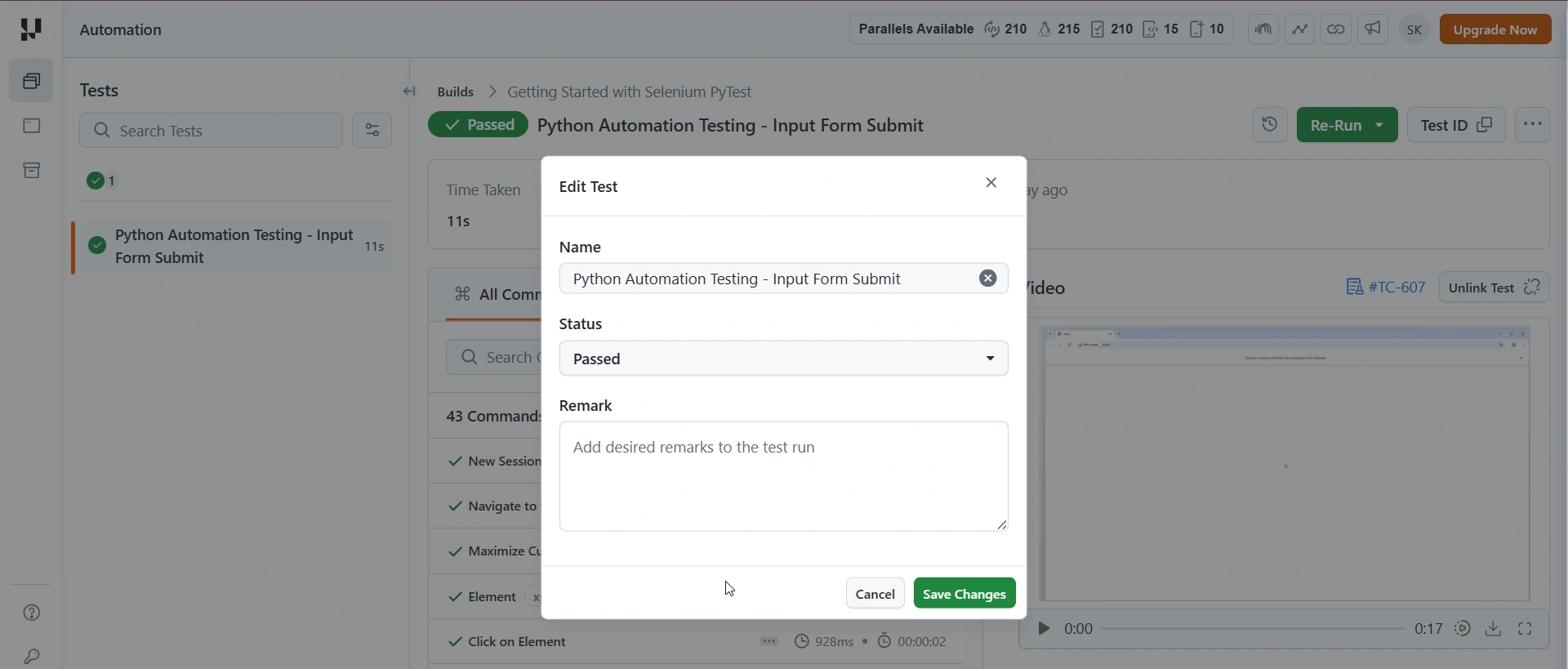 Edit Test dialog with Name, Status, and Remark fields and a Save Changes button