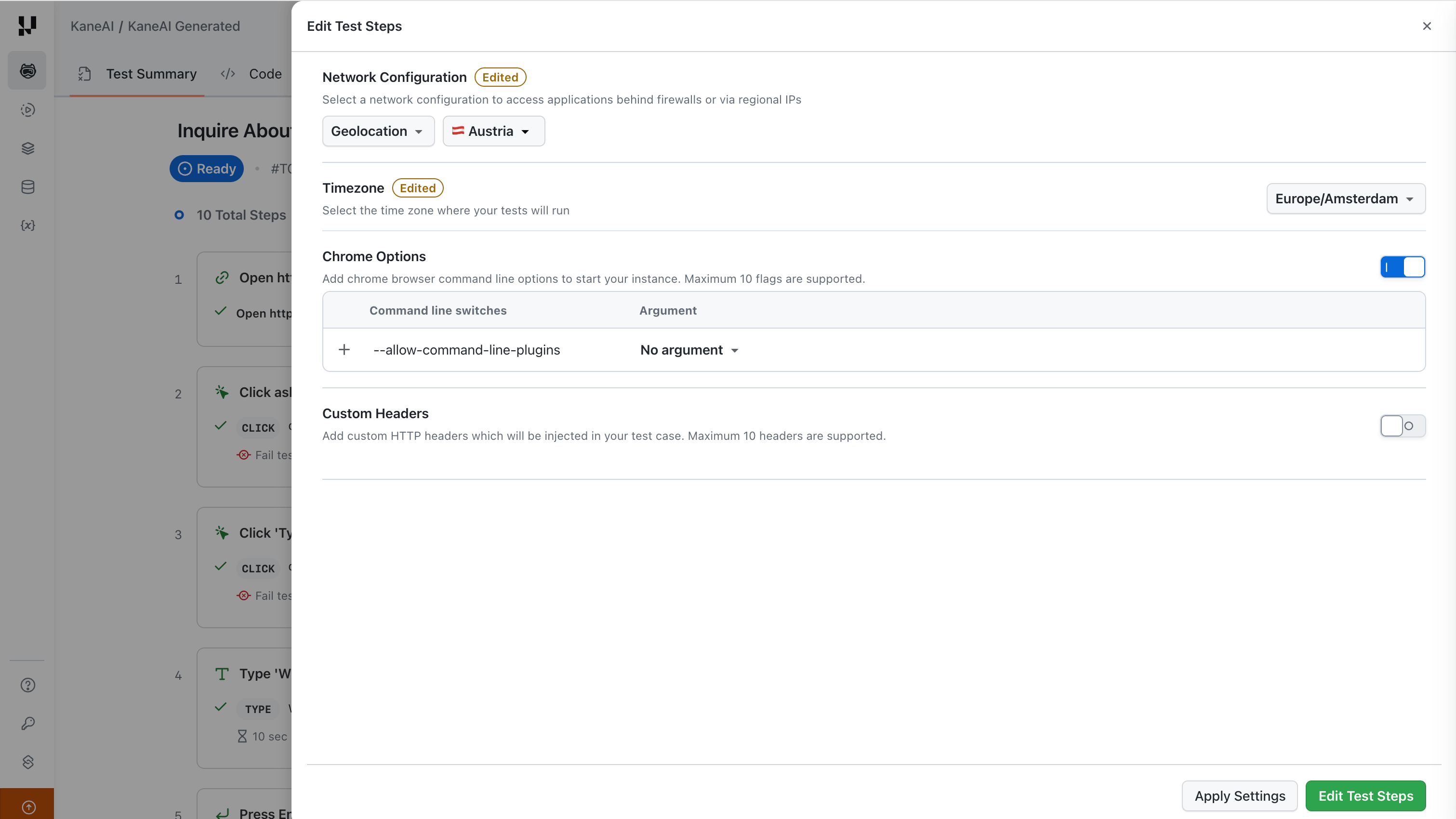 Apply Settings or Edit Test Steps