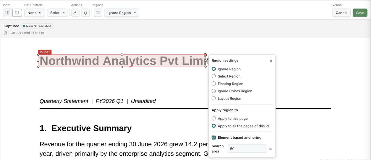 Element based anchoring with search area in the region settings panel