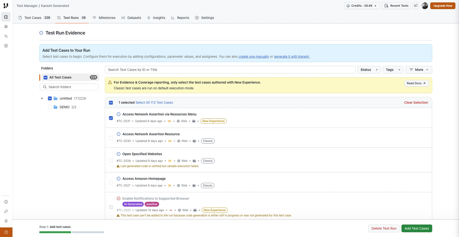 Add Test Cases step for a run named Test Run Evidence with a New Experience test case selected
