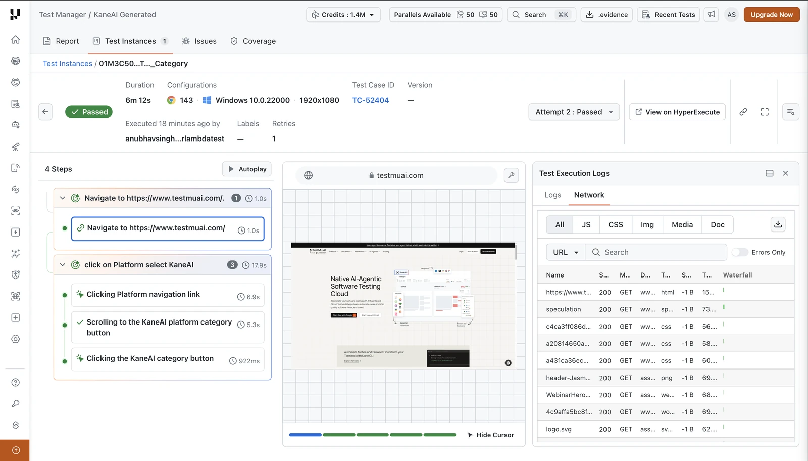 Network tab listing requests with status, method, type, size, time, and a waterfall
