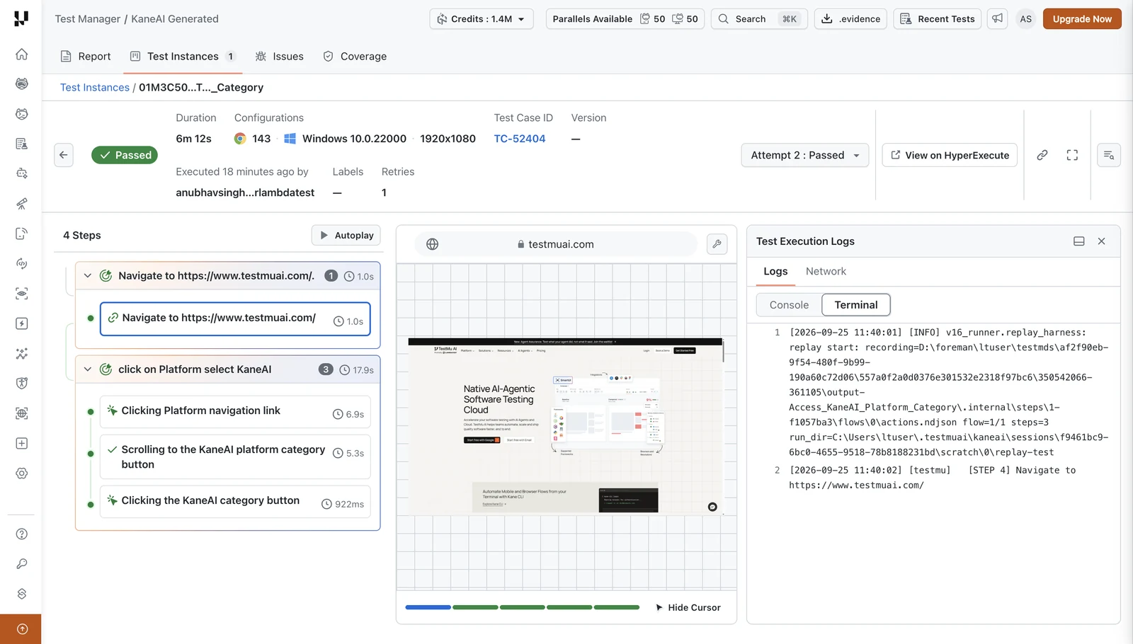 Test Execution Logs panel on the Logs tab with the Terminal view open