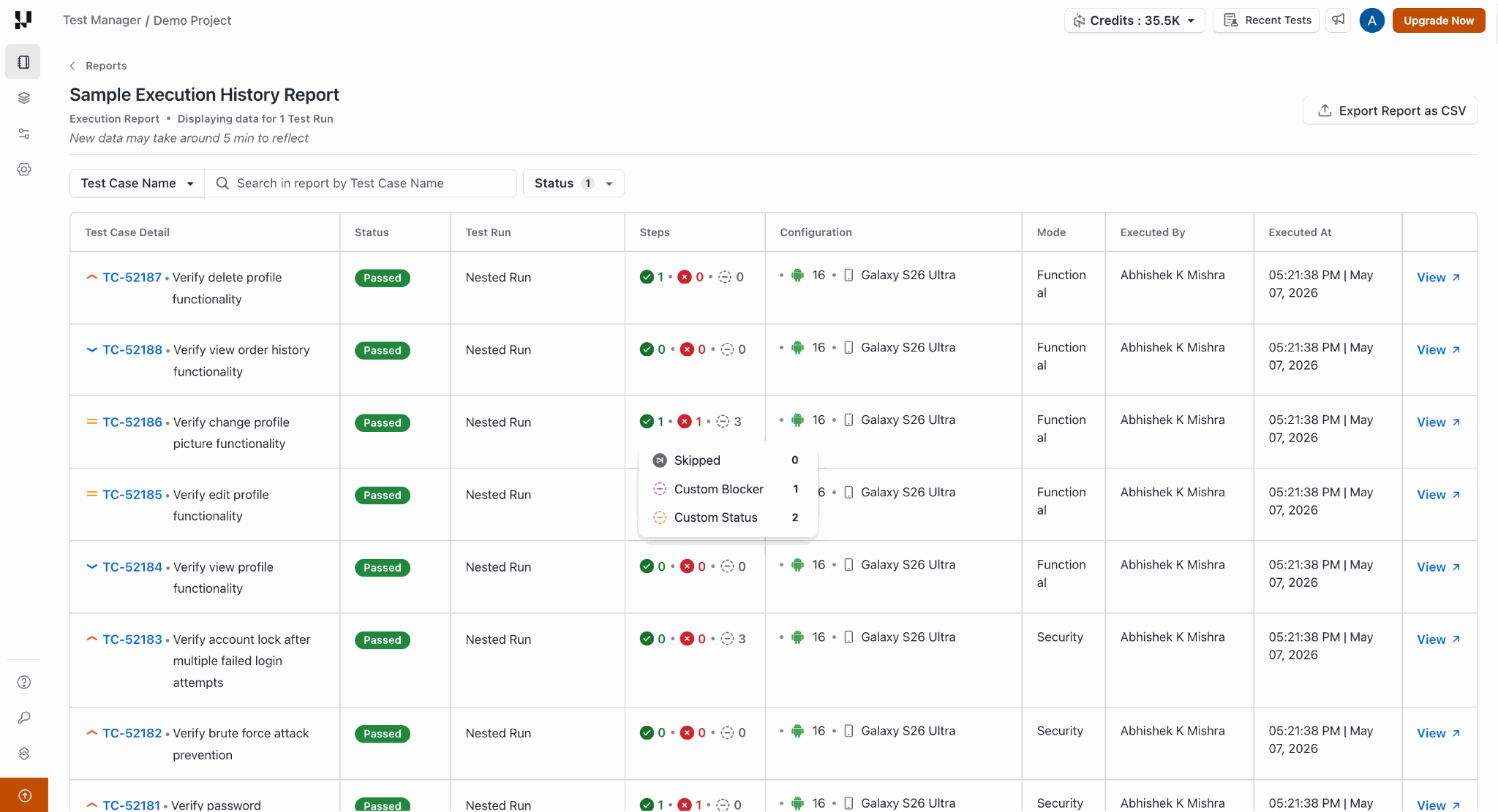 Execution History Report