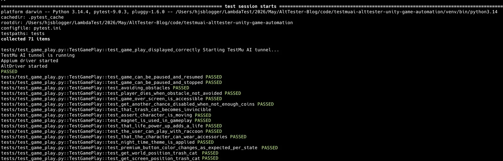 Terminal output showing AltTester Unity game tests running against a TestMu AI real device
