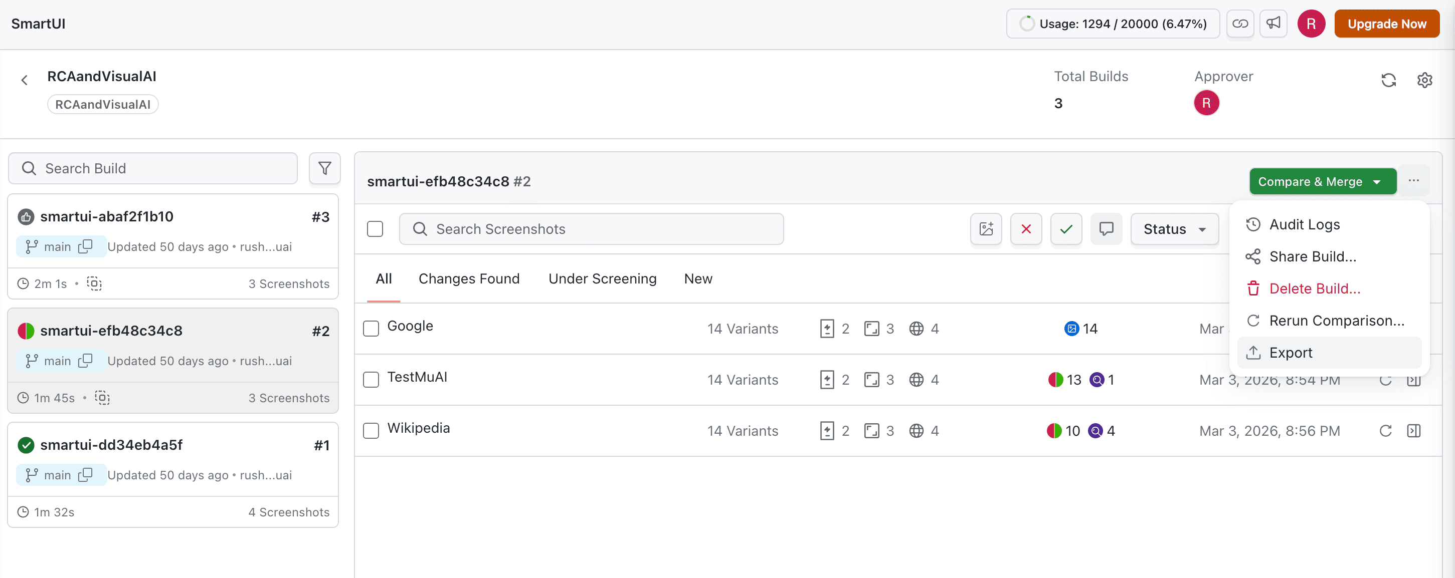 SmartUI build screen with three-dot menu and Export option highlighted