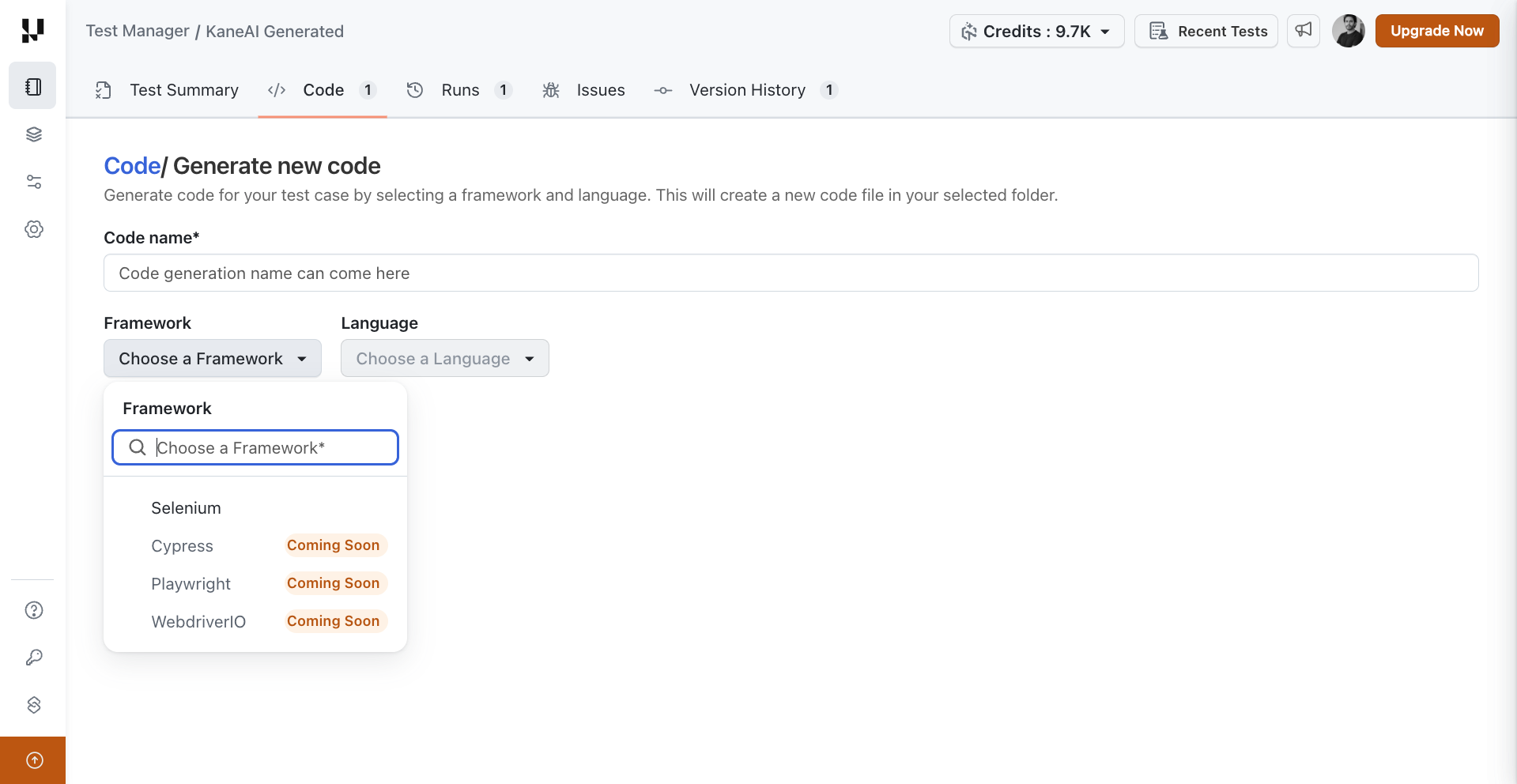 Code generation page with framework selection