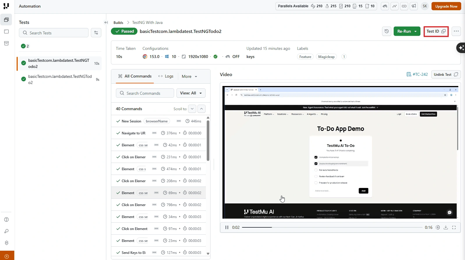 Test detail page with the Test ID button highlighted in the test summary
