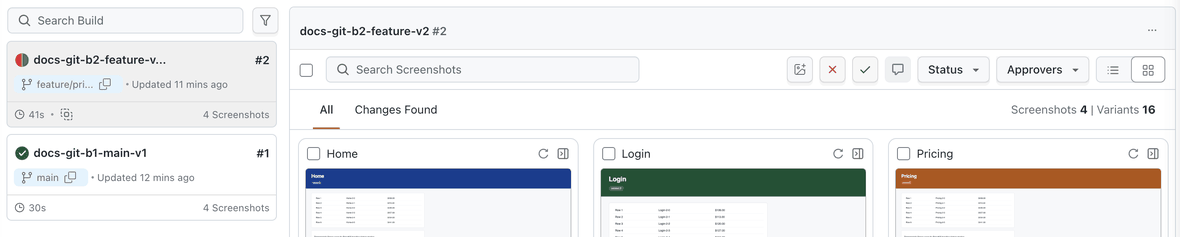 Build list in a Git Strategy project showing two builds in one chronological list, each with its git branch on the card