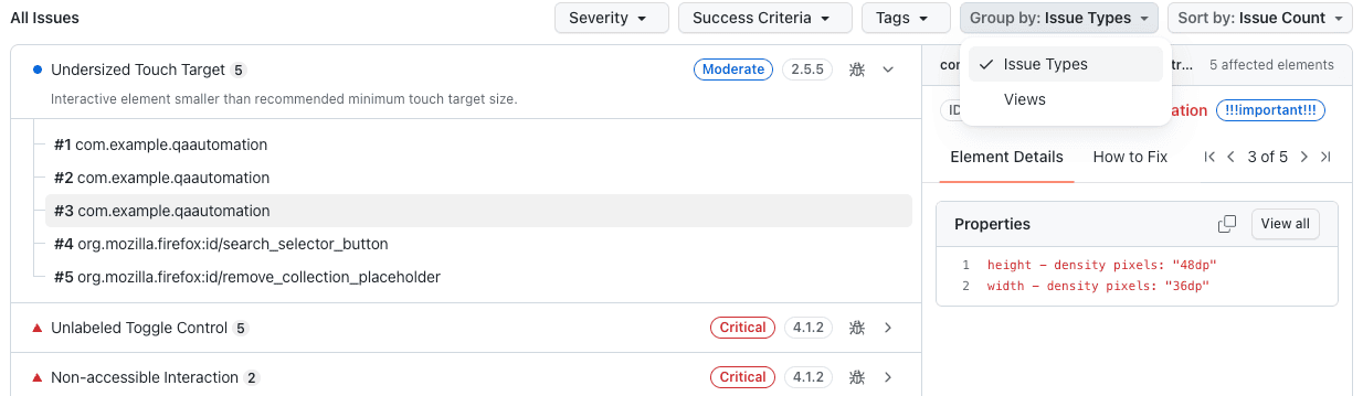 Accessibility issues grouped by issue types