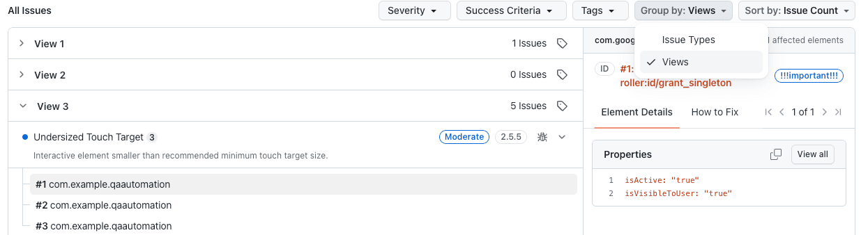 Accessibility issues grouped by views