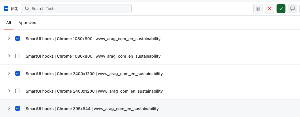 SmartUI build grouped by test case with group checkbox selected and the standard bulk Approve All and Reject All action bar visible