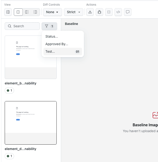 SmartUI build grouped by test case with status filter pills and filtered results visible