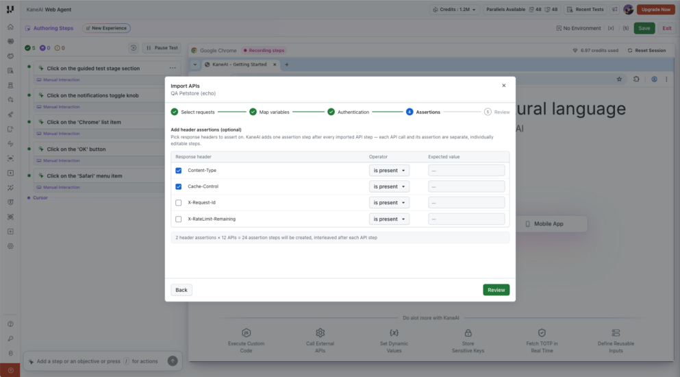 Optional header assertions with Content-Type and Cache-Control selected and 24 assertion steps calculated