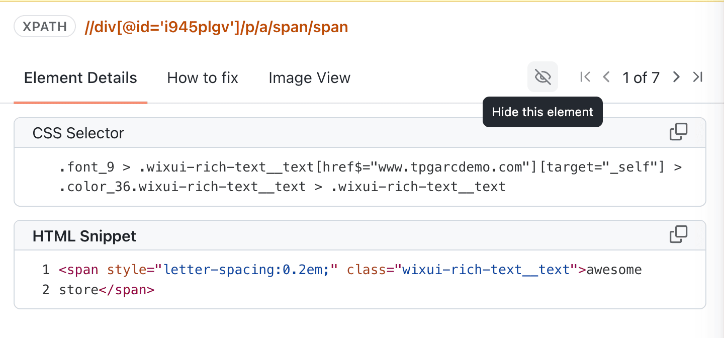 Hide action initiated from the individual element level in the accessibility report