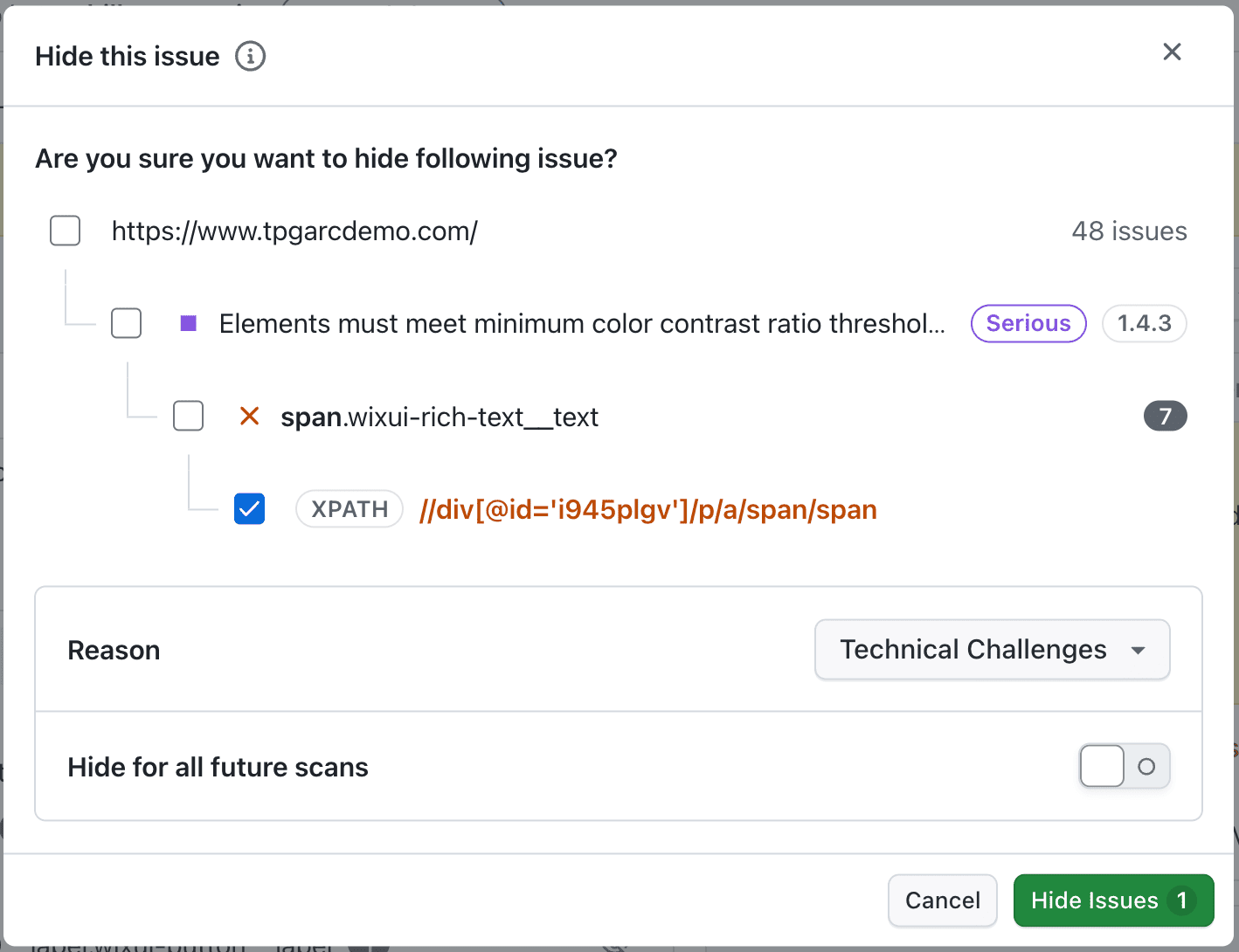 Hide issue confirmation modal for the element level