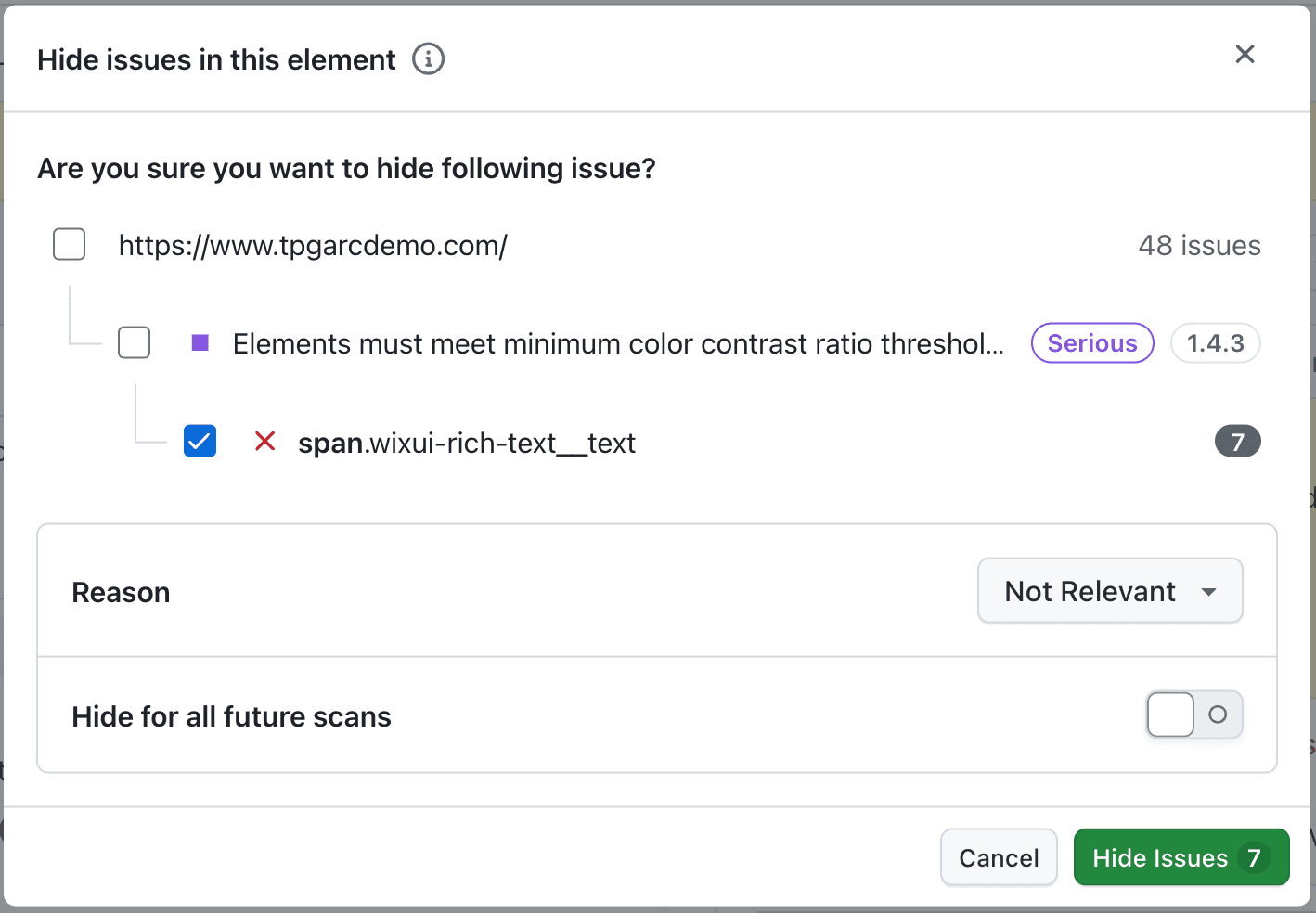 Hide issue confirmation modal for the element group level